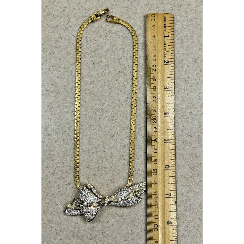 Vintage Style Yellow Gold-Tone Necklace w/Rhinestone Bow
